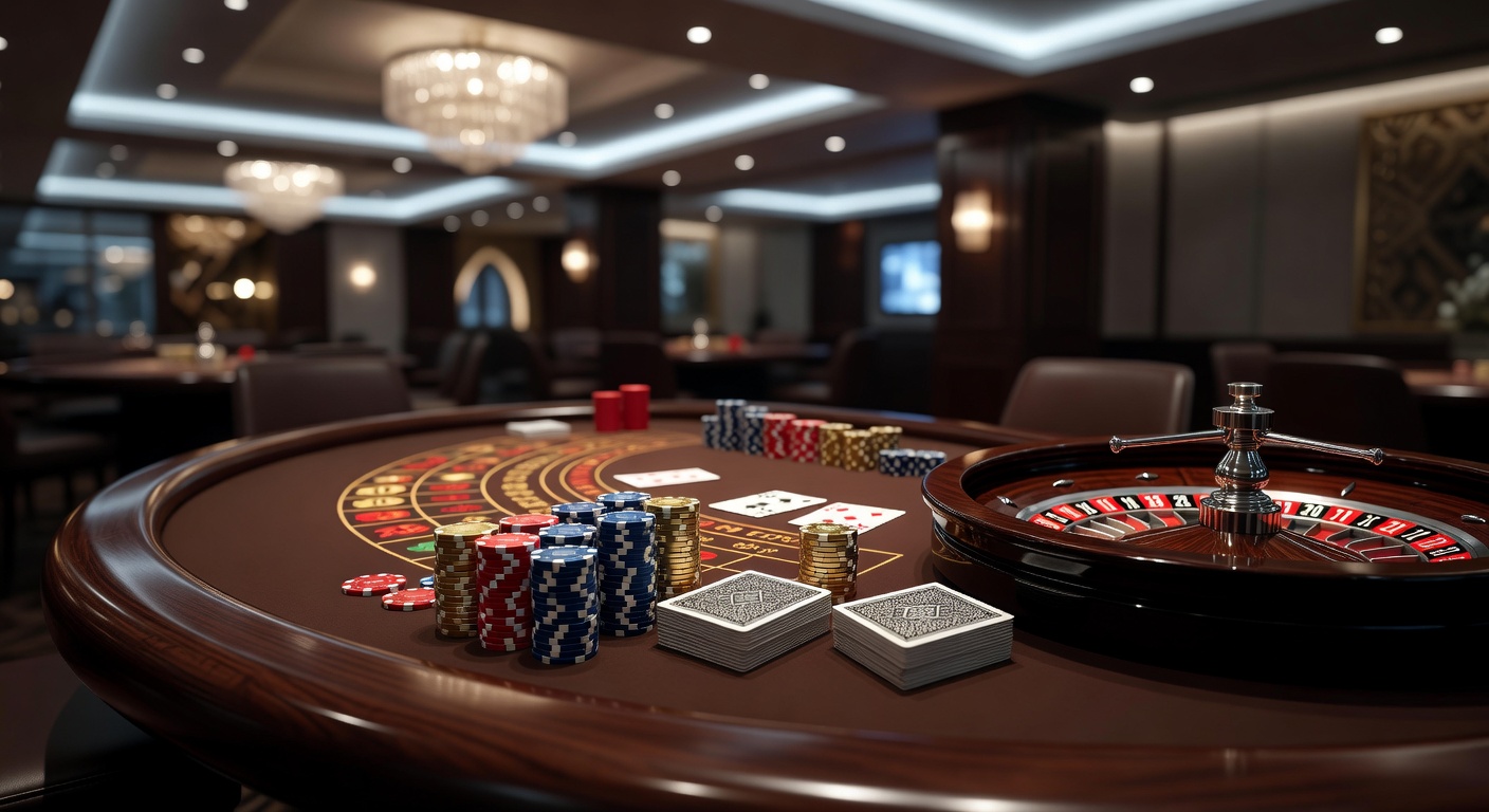 Verschiedene Casino-Spieletische mit Roulette und Blackjack in einem modernen Spielsaal