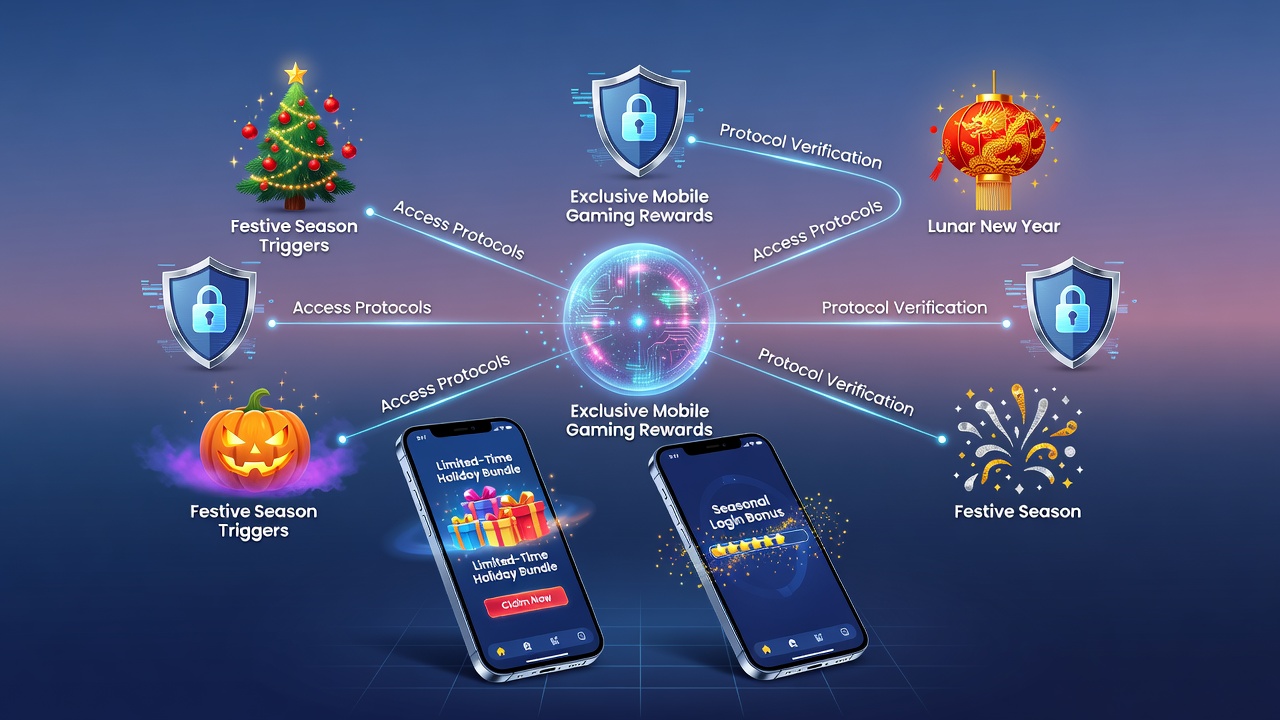 Illustration von Zugangsprotokollen und saisonalen Belohnungen im mobilen Gaming