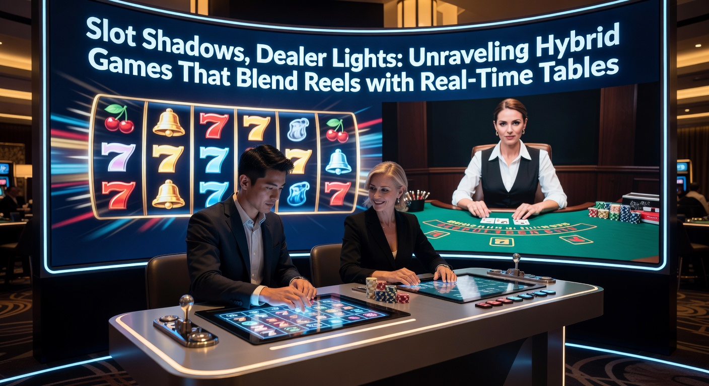 Ein dynamisches Hybrid-Spiel zeigt rotierende Slot-Reels neben einem Live-Dealer am Tisch, beleuchtet von dramatischen Lichtern