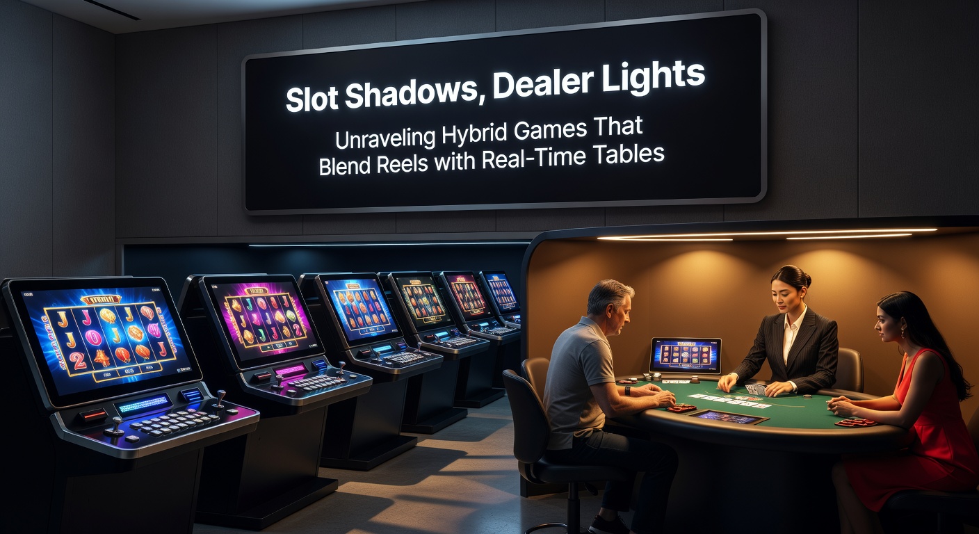 Nahaufnahme eines Live-Dealers, der ein Hybrid-Rad dreht, während Slot-Reels im Hintergrund leuchten und Multiplikatoren aufblitzen