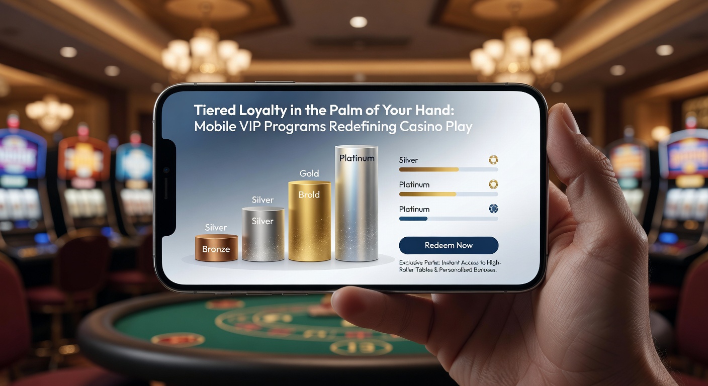 Smartphone mit Casino-App, die VIP-Stufen und Belohnungen anzeigt, symbolisiert mobile Loyalty-Programme
